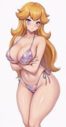 arms_crossed bikini blonde_hair blue_eyes blush breasts_crossed_arms cel_shading censored cleavage curvy_figure detailed_anatomy digital_illustration female female_only high_quality high_specular_highlights holographic_bikini huge_breasts iridescent_bikini large_breasts lollololli long_hair looking_at_viewer metallic_bikini micro_bikini narrow_waist navel neutral_expression nintendo oily_skin original princess_peach shiny_clothes shiny_skin simple_background soft_shading solo standing stomach_definition super_mario_bros. thick_thighs under-cleavage voluminous_hair voluptuous wavy_hair white_background wide_hips