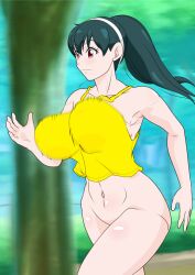 1girls alluring american_(fake) bare_legs big_breasts black_hair bouncing_breasts jogging jogging_in_the_park magenta_eyes milf naked_from_the_waist_down outside pin_up ponytail spy_x_family tank_top yor_briar yor_forger