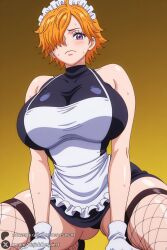 1female 1girls 2026 ai_generated apron artist_name bare_shoulders big_ass big_breasts blush breasts closed_mouth curvy dress female female_only fishnet_thighhighs fishnets gloves gradient gradient_background hair_over_one_eye hi_res high_quality high_resolution highres huge_ass huge_breasts large_breasts looking_at_viewer maid maid_headdress one_piece orange_hair patreon patreon_username purple_eyes short_hair sleeveless solo squatting sweat thick_thighs thighhighs thighs unjobdespiert vegapunk_lilith watermark web_address white_gloves