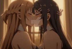 2girls ai_generated arm_at_side asuna_(sao) bare_shoulders black_hair blush bopitphy bow bowtie breast_press breasts brown_hair closed_eyes couple crossover curtains detached_collar duo female/female female_only hair_ornament hairclip half_updo indoors kissing light_brown_hair long_hair love medium_breasts multiple_females multiple_girls mutual_yuri neck red_bow red_bowtie romantic romantic_couple sakurajima_mai seishun_buta_yarou_wa_bunny_girl_senpai_no_yume_wo_minai straight_hair sunset sword_art_online tied_hair upper_body window yuri yuuki_asuna