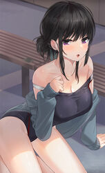 :o arm_support bare_legs bare_shoulders bench black_hair black_jacket black_swimsuit breasts clavicle cleavage competition_swimsuit female female hand_up high_resolution jacket kfr large_breasts legs long_hair long_sleeves looking_at_viewer off_shoulder on_floor one-piece_swimsuit open_clothes open_jacket open_mouth original purple_eyes sidelocks solo sweat swimsuit tagme tank_suit thighs tied_hair