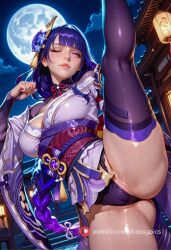 ai_generated braid cameltoe cleavage female female_only genshin_impact kicking leg_up moonlight naked panties purple_hair raiden_shogun stockings thick_thighs vertical_splits wet_pussy wide_hips