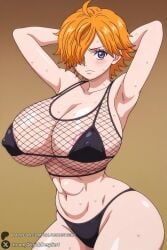1female 1girls 2026 abs ahoge ai_generated areola_slip armpits arms_behind_head arms_up artist_name big_ass big_breasts bikini black_bikini blush breasts brown_background cleavage covered_nipples curvy female female_only fishnet_top fishnets gradient gradient_background hair_over_one_eye hi_res high_quality high_resolution highres huge_ass huge_breasts looking_at_viewer navel one_piece orange_hair patreon patreon_username purple_eyes short_hair solo sweat swimsuit unjobdespiert vegapunk_lilith watermark web_address
