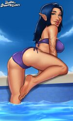 1girls 2026 2d 2d_(artwork) ass big_ass blue_bra blue_hair blue_panties bra bubble_ass bubble_butt character_request copyright_request digital_drawing_(artwork) digital_media_(artwork) elf elf_ears elf_female elf_girl female female_focus female_only joakadraws light-skinned_female light_skin long_hair looking_at_viewer looking_back original panties pool poolside pose posing presenting presenting_ass raised_leg showing_ass showing_off smile smiling thick_ass thick_thighs water watermark