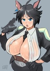 ahoge areola_slip belt black_gloves black_hair blue_eyes fanning_self female female_only fuji_kiseki_(umamusume) gloves hand_on_hip horse_ears huge_breasts looking_at_viewer see-through short_hair sweat sweaty umamusume umamusume_pretty_derby zestysauce