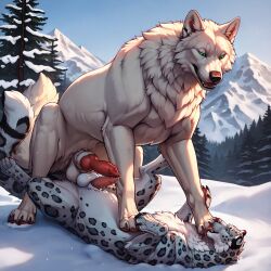 ai_generated animal animal_penis claws dog feet foot_lick foot_play gay mountain panther penis snow snow_panther toe_claws wolf wolf_ears wolf_tail
