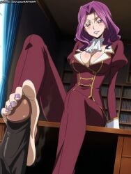 1boy 1boy1girl ai_generated ascot barefoot big_breasts big_penis blush body_blush bookshelf cleavage clothed_female clothed_female_nude_male code_geass collared_shirt cornelia_li_britannia curtains dark-skinned_male desk feet female foot_fetish foot_focus footjob grin huge_cock interracial juliet_sleeves large_breasts lipstick long_hair lunarart office on_desk pants puffy_sleeves purple_eyes purple_hair purple_toenails sitting smell smug soles steaming_body straight toe_scrunch toenail_polish toenails toes uncensored veiny_penis