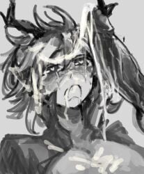1boy 1girls big_penis breasts clothed clothing cum cum_drip cum_on_breasts cum_on_face cum_on_hair cum_string deepwoken gremor_(deepwoken) heart-shaped_pupils penis roblox roblox_game robloxian shigezie sketch source_request tagme