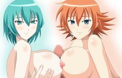 1boy 2girls bakugan_battle_brawlers breasts censored double_paizuri female ffm_threesome light-skinned_female light_skin male mira_clay mylene_pharaoh new_vestroia nipples paizuri prede short_hair tagme threesome titfuck