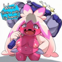 <3_eyes ai_generated anthro areola big_breasts blush bodily_fluids breasts dialogue english_text female generation_9_pokemon hair hand_on_hip heart hellsonger looking_at_viewer navel nintendo nipples nude open_mouth pink_body pokemon pokemon_(species) short_stack simple_background smile solo sweat text tinkaton white_background