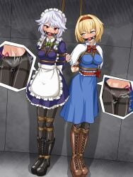 2girls absurdres alice_margatroid apron arms_behind_back ball_gag bdsm black_boots black_pantyhose blonde_hair blue_dress blue_eyes blush bondage boots bound bound_arms bound_legs bow bowtie braid breasts brown_boots capelet collared_shirt commentary_request dress frilled_dress frills gag gagged green_bow green_bowtie grey_hair hair_bow hairband highres izayoi_sakuya knee_boots lace-up_boots large_breasts long_sleeves looking_at_viewer maid maid_headdress medium_breasts multiple_girls paid_reward_available panties panties_under_pantyhose pantyhose purple_dress pussy_juice red_bow red_bowtie red_eyes red_hairband restrained sakuya_izayoi sex_toy shadow shibari shibari_over_clothes shirt sweat thalter39o thighband_pantyhose touhou twin_braids underwear vibrator vibrator_cord vibrator_under_clothes vibrator_under_panties waist_apron wet wet_clothes wet_pantyhose white_apron white_capelet white_shirt