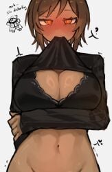 1girls ? big_breasts blush bra breasts brown_hair cleavage dark-skinned_female dark_skin large_breasts limbus_company looking_at_viewer midriff orange_eyes outis_(limbus_company) project_moon shigezie shirt_in_mouth shirt_lift short_hair solo solo_female