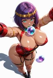 ai_generated areola_slip armlet armpits arms_up ass blunt_bangs blush bob_cut boots breasts circlet cleavage covered_nipples crystal_ball curvy dark-skinned_female dark_skin egyptian egyptian_clothes female from_above gloves green_eyes green_lips jewelry large_breasts lipstick looking_at_viewer makeup muscular_female outstretched_arms purple_hair shadow shiny_skin short_hair simple_background skindentation solo standing thick_thighs thigh_strap thighs white_background wide_hips