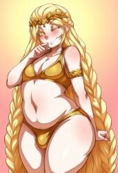 1boy 1femboy 2025 ai_generated alinaka alternate_version_available ass balls big_ass bikini blonde_hair blush crossdressing curvy curvy_femboy elden_ring femboy feminine_male girly gold_bikini golden_bikini gradient_background long_hair looking_at_viewer miquella one_eye_closed plump simple_background solo standing sweat sweatdrop testicles thick_thighs thighs trap very_long_hair wide_hips wink yellow_eyes