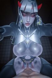 1boy 1girls 2026 3d areolae big_breasts breasts clitoral_hood completely_nude cowgirl_position detailed_background duo eyeliner female female_penetrated front_view gelatinous horns indoors legs_apart lip_piercing lipstick looking_at_viewer male nipples nude nude_female nude_male omnic overwatch overwatch_2 pov pov_cowgirl_position pov_sex pussy red_eyes red_lipstick robot robot_girl see-through see-through_body shion_(overwatch) straddling straight vool vulva winged_eyeliner