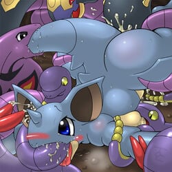 anal anus arbok ass blush double_penetration ekans female nidoqueen nintendo penetration pokemon pokemon_(species) seviper tail tongue triple_penetration vaginal_penetration z.o.e.