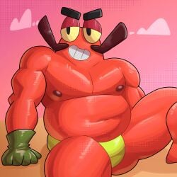brawl_stars chubby clancy_(brawl_stars) crustacean crustacean_humanoid gloves looking_at_viewer male male_only navel nipples sitting speedo_only tagme