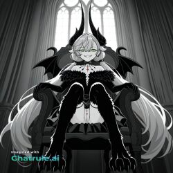 1girl ai_assisted ai_generated angel_wings animal_legs anime_coloring anime_screencap anime_screenshot beautiful body_markings claws day dress general grayscale green_eyes grey_hair grin high_contrast highres indoors large_horns lilith looking_at_viewer low_twintails mini_wings monster_girl no_nose perfect_anatomy pussy sharp_teeth sitting_on_chair slit_pupils smug snake socks upskirt_view