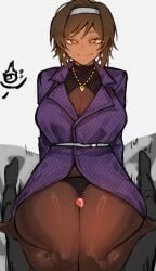 1girls 1other black_panties boob_window brown_hair brown_skin cleavage cleavage_cutout coat cum cum_on_clothes cum_on_thighs dante_(limbus_company) earrings fully_clothed hag headband i_cummed iori_(library_of_ruina)_(cosplay) limbus_company motion_lines my_goat necklace no_pants orange_eyes outercourse outis_(limbus_company) penis penis_between_thighs project_moon shigezie sitting_on_person smug thigh_highs thighhighs thighjob thighs wish_that_was_me