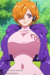 1female 1girls 2026 ahoge ai_generated artist_name big_ass big_breasts blush breasts covered_navel curvy female female_only hair_over_one_eye headphones hi_res high_quality high_resolution highres hood hoodie huge_ass huge_breasts jacket looking_at_viewer one_piece orange_hair outdoors patreon patreon_username purple_eyes short_hair smile solo sweat unjobdespiert vegapunk_lilith watermark