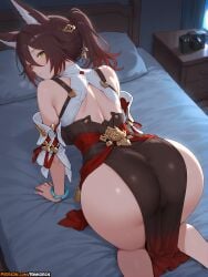 ai_assisted ai_generated all_fours animal_ears anime anime_girl anime_style artist_name ass bangs bare_shoulders bed blush bracelet breasts brown_hair camera female from_behind fugue_(honkai:_star_rail) green_eyes hair_between_eyes hi_res highres honkai:_star_rail honkai_(series) indoors jewelry large_breasts long_hair looking_at_viewer looking_back on_bed parted_lips patreon patreon_username pelvic_curtain pillow ponytail rinkoai solo thighs tingyun_(honkai:_star_rail) uncensored watermark