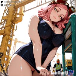 ai_generated anime_style black_dress blush breasts_focus close-up construction_site cranes daylight detailed_background dripping exhibitionism explicit exposing female goggles_on_head large_breasts lifting_dress lumihimeai mei_hatsume my_hero_academia nipples nsfw outdoors pink_hair pussy_focus pussy_juice pussy_visible seductive_pose semi-nude shiny_skin short_hair solo standing_pose stripping workers yellow_eyes
