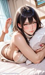1girls ai_generated bed breasts casual casual_nudity curtains encoder female indoors large_breasts looking_at_viewer lying no_bra no_panties no_underwear pillow room sideboob sweater sweater_only virgin_killer_sweater window