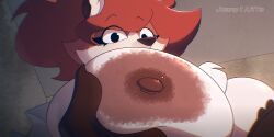 absurd_res anthro areola big_breasts breast_play breast_squish breasts canid canine canis clothing evelyn_(edy) female fox fur hair hi_res huge_breasts juanp1arts looking_at_viewer mammal nipples nude red_hair solo squish true_fox