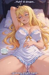 ai_assisted ai_generated arm_up armpits aroused bare_legs bare_thighs big_breasts blonde_female blonde_hair blue_eyes blush breasts caption comic curvy curvy_body curvy_female darkness_(konosuba) hair_down horny horny_female huge_breasts kono_subarashii_sekai_ni_shukufuku_wo! konosuba large_breasts legs legs_apart legs_spread long_hair lying lying_on_back moonwool_branch nightgown on_back on_bed open_mouth pajamas panties pussy pussy_juice spread_legs talking talking_to_self thick_ass thick_thighs thighs uncensored waking_up