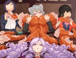 4girls black_hair breasts cannibalism chewing closed_eyes corpse death decapitation disembowelment dismemberment dripping eating empty_eyes female_death guro gynophagia higuchi_kaede hyakumantenbara_salome jk_gumi_(nijisanji) john0819 large_breasts liquid long_hair meat_juice medium_hair multiple_girls nijisanji purple_eyes purple_hair severed_arm severed_head severed_limb shiny_skin shizuka_rin short_hair tsukino_mito virtual_youtuber