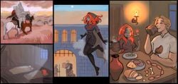 1boy 1female 1male barenziah canonical_scene cloak daggerfall doggyawoo dunmer eating fantasy female levitation long_hair mage magic_user magical_girl nord red_eyes red_hair sleeping smile teenage_female teenage_girl teenager the_elder_scrolls whiterun