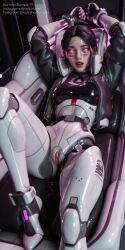 absurdres ai_generated aroused best_quality black_hair bodysuit curvy cybernetic cyberpunk cyborg detailed_background explicit facial_markings female glasses hair_bun highres huge_breasts large_breasts legs_up lipstick looking_at_viewer lying marathon_(bungie) masterpiece mechanical_legs mechanical_parts nipples nsfw on_back ponytail purple_eyes pussy pussy_juice red_lipstick robot_girl robotic_legs round_eyewear sci-fi skin_tight smoke solo spread_legs steam sweat tattoo thick_thighs thief_(marathon) velairi_kim voluptuous wet wide_hips