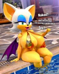 3d_(artwork) anthro areola areola_slip bat bedroom_eyes big_breasts breasts clothing digital_media_(artwork) english_text female flashing hi_res huge_breasts looking_at_viewer mammal narrowed_eyes nipples one-piece_swimsuit poolside rouge_the_bat seductive sega sling_bikini solo sonic_(series) sonic_the_hedgehog_(series) swimwear tahlian text thick_thighs wide_hips