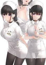 bangs black_choker black_hair black_legwear bra breasts choker closed_mouth collared_dress dress female hair_between_eyes handjob_gesture hat high_resolution id_card kfr large_breasts long_hair looking_at_viewer low-tied_long_hair mole mole_on_breast multiple_views nurse nurse_cap original pantyhose purple_eyes short_sleeves simple_background solo tagme taut_clothes tied_hair tight_clothing tongue tongue_out underwear white_background white_bra white_dress white_underwear