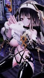 1girls areola bandage big_breasts black_legwear breast_curtains breasts chains cross devil_horns dress female garter_straps gloves habit large_breasts looking_at_viewer nipples nipples_visible_through_clothing nun open_mouth panties praying silentium1620 silya slingshot succubus tagme thighhighs vrchat vrchat_avatar