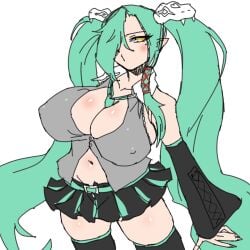 arms_at_sides blush cosplay covered_erect_nipples digimon digimon_story:_time_stranger digimon_xros_wars gerusyu hatsune_miku hatsune_miku_(cosplay) huge_breasts mervamon o3o vocaloid