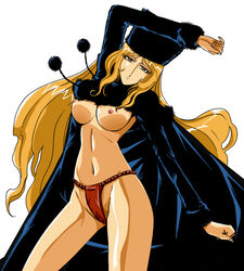 1girls 2010 blonde_hair breasts brown_eyes cape female fundoshi galaxy_express_999 hat kanai_makoto_(kanaman7) large_breasts leijiverse light-skinned_female light_skin long_hair looking_at_viewer maetel midriff navel nipples pointy_chin simple_background small_nipples solo very_long_hair