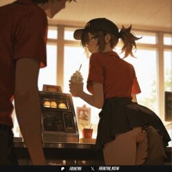 1boy ai_generated anal anal_object_insertion anal_tail artist_name ass bangs baseball_cap black_headwear black_skirt blurry blurry_background blush breasts brown_hair butt_plug counter cowboy_shot cup day depth_of_field disposable_cup drinking_straw english_text fake_tail female food frenzyai from_behind green_eyes hat holding indoors leaning_forward looking_at_another looking_at_viewer looking_back mcdonald's medium_breasts miniskirt no_panties object_insertion open_mouth original pants pleated_skirt ponytail pussy red_shirt sex_toy shirt short_hair short_ponytail short_sleeves sidelocks skirt solo_focus standing straight tail uncensored window