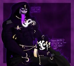 alternate_universe au caught_off_guard cloak cloaked crotch face_against_penis gay glowing glowing_eyes glowing_tongue grinning jewelry knocker knockmare_(lewddemon69) knockreave_(lewddemon69) navel nipples oc original original_character pierced_nipples piercings pulling pulling_against_crotch smiling split_tongue taunting the_knocker
