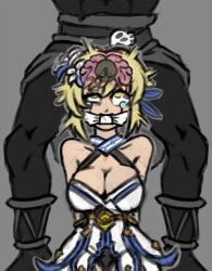 1boy 1girls anthro blonde_hair blood blood_on_face blood_trail blue_eyes brain brain_fuck breasts cleave_gag clothed corpse crying crying_with_eyes_open death duo eyes_rolling_back female flower_in_hair fully_clothed gagged genshin_impact gore guro gurochanop hilichurls_(species) imminent_death interspecies lumine_(genshin_impact) male monster murder necrophilia penis pitch-black_skin rape rolling_eyes skull_fucking snuff tears