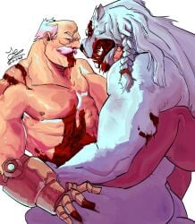 absurd_res alien anthro bara battle_beast bite_mark blood bodily_fluids capncapribun conquest_(invincible) duo felid fur hi_res humanoid image_comics invincible invincible_(image_comics) lion male male/male mammal muscular muscular_male nipples open_mouth open_smile pantherine prosthetic prosthetic_arm prosthetic_limb rough_sex saliva scar sex simple_background smile teeth thokk_(invincible) viltrumite white_body white_fur