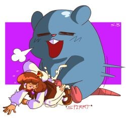 1boy 1girls all_fours artist_request character_request cum cum_in_pussy cum_inside cum_overflow doggy_style fan_character feral feral_on_female feral_penetrating gustava heart-shaped_pupils peppina_and_the_magical_tower_of_pizza pizza_tower rodent source_request torn_clothes