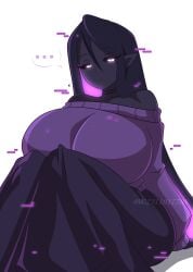 big_breasts black_eyes black_skin choker enderman enderwoman gal huge_boobs huge_breasts long_hair long_skirt long_sleeves looking_at_viewer luminous_eyes m.grace mg231101778 minecraft pointed_ears purple_hair purple_sweater shoulders_raised simple_background sitting sweater white_iris