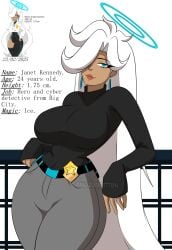 aura big_boobs big_breasts big_thighs black_shirt curvy grey_pants hair_covering_eye hourglass_figure huge_thighs janet_(mg231101778) long_hair long_sleeves m.grace mg231101778 original_character reference_sheet sky_blue_eyes skyblue_eyes tanned_skin tanned_skinned_female thick_lips villainous white_hair wide_hips