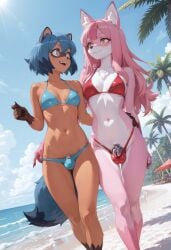 2026 ai_generated anthro balls balls_in_underwear beach bikini blue_bikini blue_clothing blue_eyes blue_hair blue_swimwear blue_tail brand_new_animal breasts brown_body brown_fur bulge canid canine casual_chastity chastity_cage chastity_device clothing cloud day duo fox ftg_crossgender fti_crossgender fur furry furry_futa furry_only futa_only futanari genitals gynomorph hair hi_res intersex intersex/intersex lock long_hair looking_at_another looking_away mammal michiru_kagemori multicolored_body multicolored_eyes multicolored_fur navel nazuna_hiwatashi noverthink_(director) open_mouth outside padlock palm_tree penis pink_body pink_eyes pink_fur pink_hair plant public public_exposure raccoon_dog red_bikini rule_63 sand sea seaside short_hair sky small_breasts smile swimwear tail tanuki tree walking water white_body white_fur
