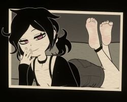 1girls 3d animated ankle_bracelets ashley_graves barefoot black_hair black_toenails choker cleavage dazfrog feet female foot_fetish foot_focus goth goth_girl highres laugh light-skinned_female light_skin mostly_clothed pink_eyes ponytail presenting_feet smug smug_face soles solo tagme teasing the_coffin_of_andy_and_leyley toe_curl toe_spread toes video
