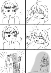 blush blush_lines boys_love bug_features comic e.g.o_(project_moon) fingering gay gregor_(limbus_company) implied_sex limbus_company male_only males meme meme_template meursault_(limbus_company) monochrome no_visible_genitalia ponytail project_moon stubble sweat text_bubble time_passing yaoi