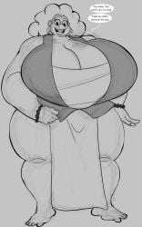2026 2d_(artwork) bbw beads buckteeth cleavage darla_doofrain_(bargsilona) denizen1414 dialogue_bubble earrings female huge_breasts line_art loincloth open_mouth original_character puffy_hair sarashi steven_universe text thick_thighs