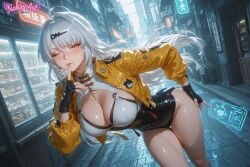 ahoge ai_art ai_generated ai_slop bad_source bangs black_gloves blush breasts building city cleavage closed_mouth clothing_cutout female finger_to_mouth fingerless_gloves gloves hair_ornament hairclip highres jacket large_breasts leaning_forward leotard long_hair long_sleeves looking_at_viewer nakinoart night one_eye_closed open_clothes open_jacket outdoors smile solo solo_focus thighs white_hair yellow_eyes yellow_jacket yixuan_(zenless_zone_zero) zenless_zone_zero