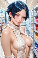 1girls ai_generated breasts casual casual_nudity cleavage cleavage_cutout covered_nipples encoder female grocery_store indoors large_breasts looking_at_viewer no_bra no_panties no_underwear public public_nudity shop short_hair sideboob store sweater sweater_only two-tone_hair virgin_killer_sweater